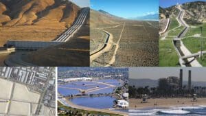 A collage of images showcases the Los Angeles Aqueduct, weaving through desert and urban landscapes. Mountains tower in the background, meeting the ocean's edge—a perfect study subject for nature research courses.