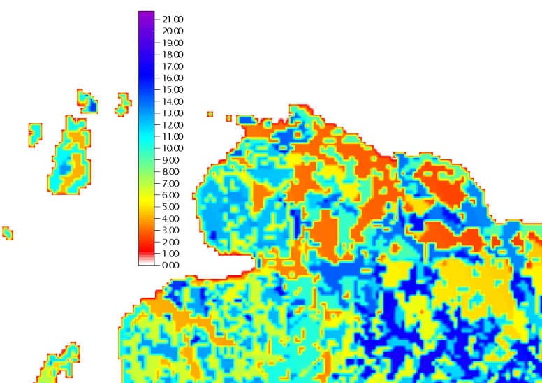 Zoom on the Cheboygan watershed area of the recharge map for the Lower Peninsula of Michigan.  Color bar scale grades from 0 to 22 inches per year.
