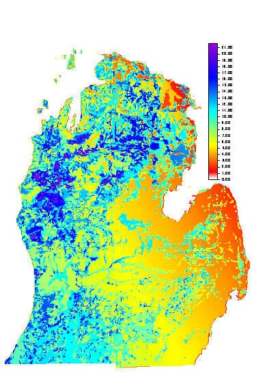 Recharge in the Lower Peninsula of Michigan.  Color bar scale grades from 0 to 22 inches per year.
