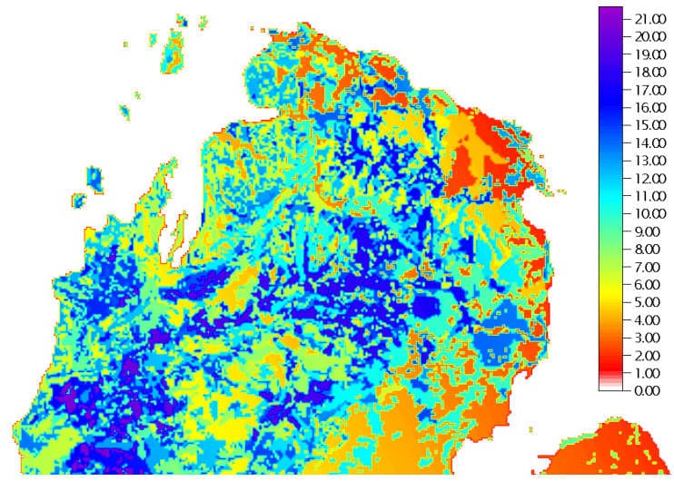 Zoom on the northern half of the recharge map for the Lower Peninsula of Michigan.  Color bar scale grades from 0 to 22 inches per year.