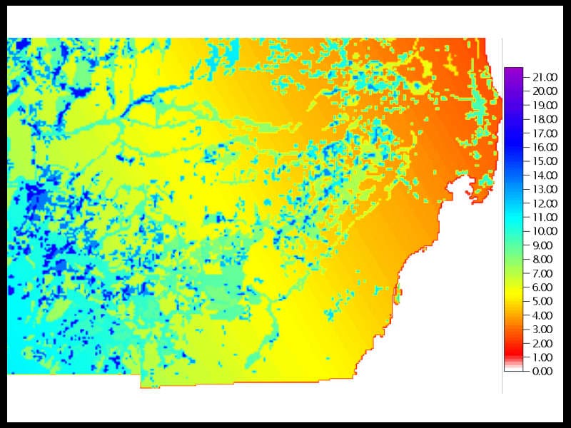 Zoom on the Southeast Michigan ( Detroit ) area of the recharge map for the Lower Peninsula of Michigan.  Color bar scale grades from 0 to 22 inches per year