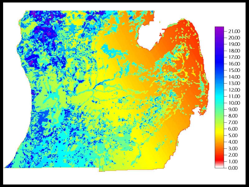 Zoom on the southern half of the recharge map for the Lower Peninsula of Michigan.  Color bar scale grades from 0 to 22 inches per year.